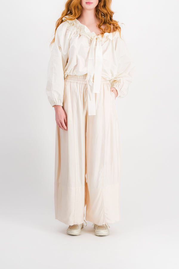 Ivory extra wide leg pants in fluid washed viscose with drawstring wide belt