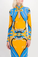 Printed cut out curve midi dress with long sleeves