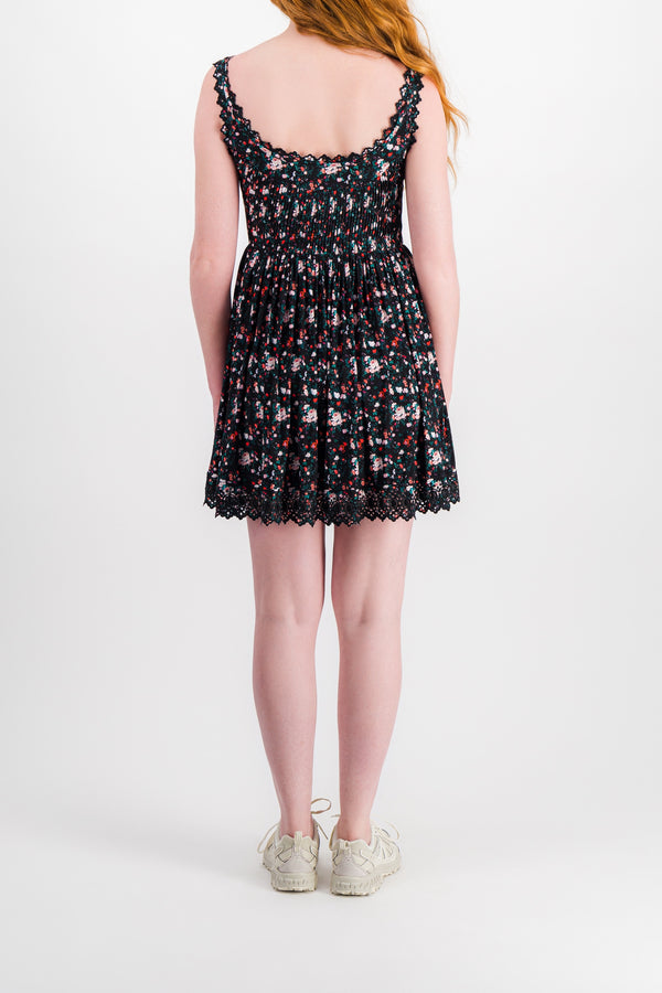 Flower printed mini dress with elasticated waist and lace details