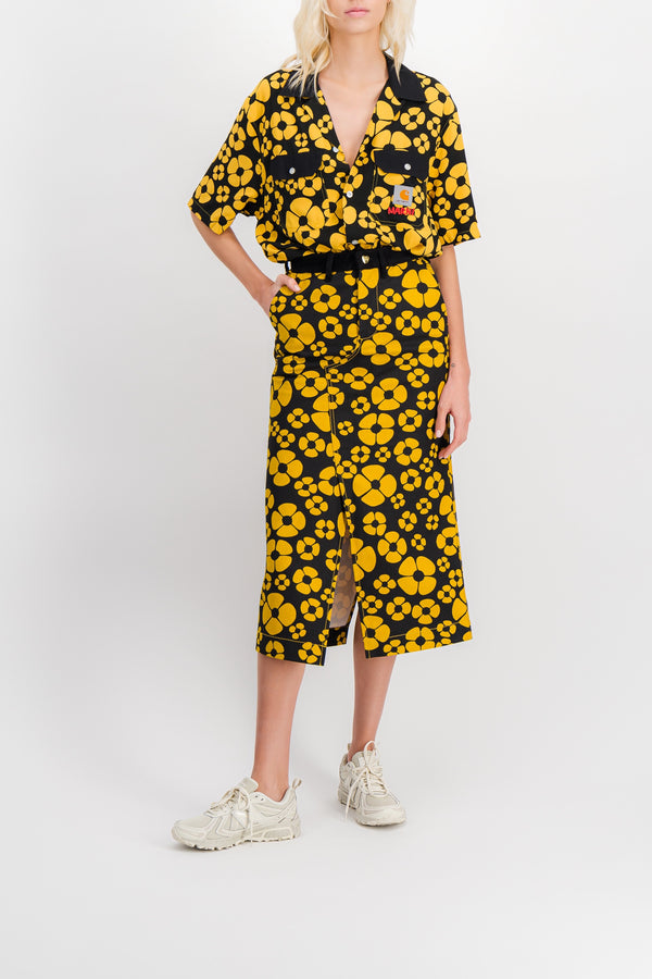 Yellow-black flower printed midi skirt with front slit