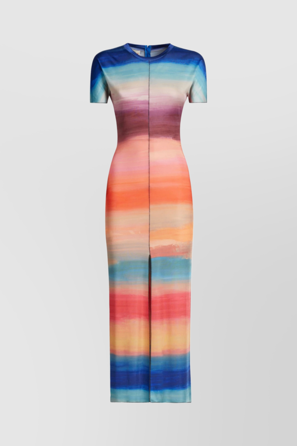 Multicolored bodycon maxi dress with front slit