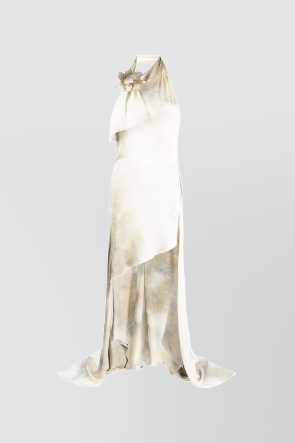 White marble cut-out asymmetric flower maxi dress