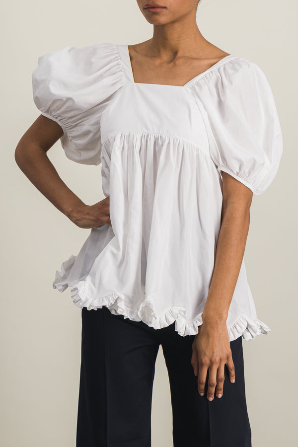Puff sleeve recycled faille blouse with scallop hem